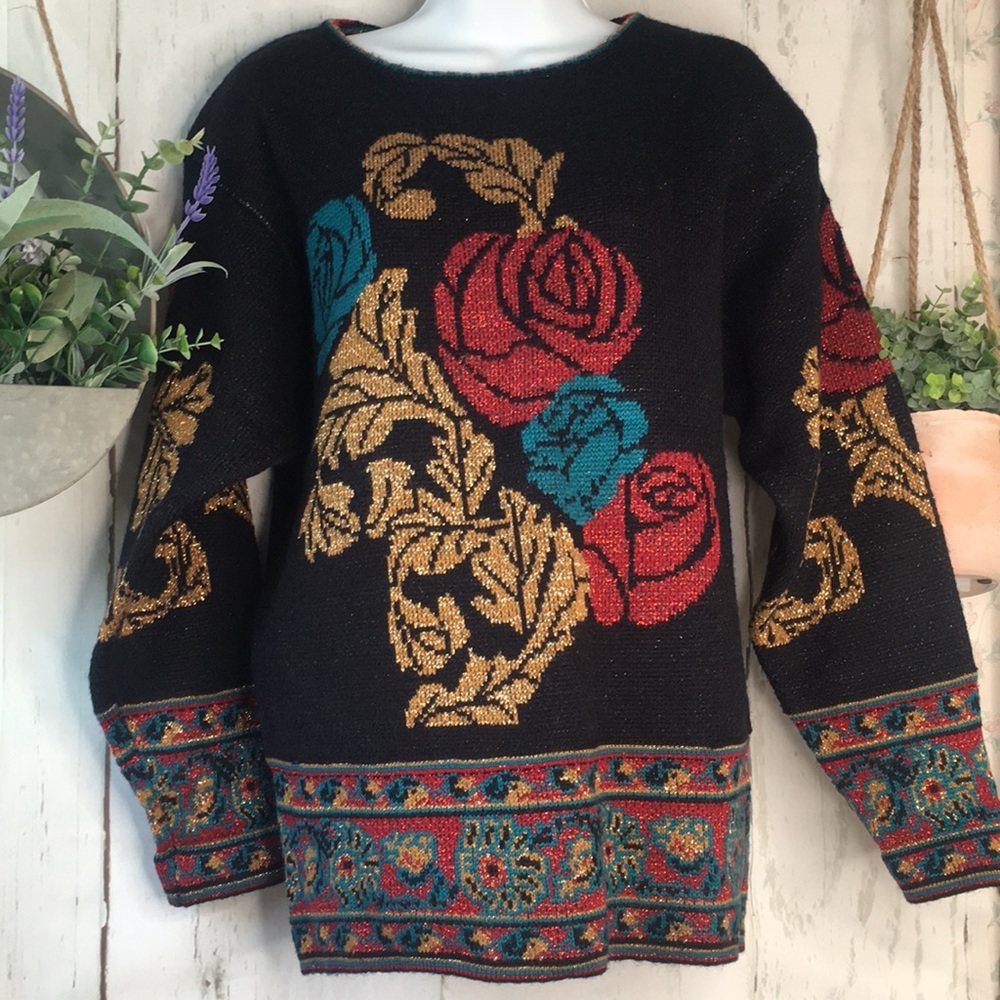 Vintage Black Red Teal Gold Rose Metallic Sweater Top Christmas
